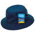 A navy blue bucket hat with a simple design and a logo on a tag.