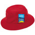 A red bucket hat with a wide brim and a tag featuring a logo.