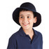 A child wearing a navy blue bucket hat, smiling, with a black polo shirt. The hat has a logo on it.