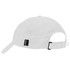 A white cap featuring a logo, with an adjustable strap at the back and a curved brim.