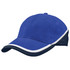 A blue cap with a navy accent and white trim, featuring a logo on the front.