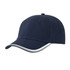 A navy cap with a contrasting trim and a rounded peak, featuring eyelets and a logo.