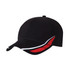 A black cap featuring a red and white design on the brim and a logo on the front.