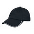 A black cap with a curved brim and white piping, featuring a small logo on the front.