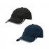 A black and a navy cap with contrasting piping and a logo on the front.