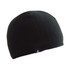 A black thermal beanie featuring a branding logo. It's smooth and snug-fitting for warmth.