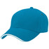 A cap in a vibrant turquoise colour, featuring a rounded crown and a contrasting white trim on the brim.
