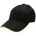 A black cap with a yellow accent along the brim and featuring a branding logo.