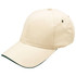 A beige cap with a green underside to the peak and a logo on the front.