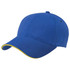A blue cap with a yellow trim and a logo, featuring a curved brim and six-panel design.