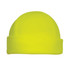 A bright yellow polar fleece beanie with a folded cuff and a logo visible.