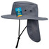 A grey Sunmaster hat featuring a wide brim and a neck flap, equipped with ventilation eyelets and a logo.