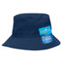A navy blue kids bucket hat featuring a logo and a hang tag. The hat has a wide brim for sun protection.