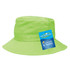 A bright green kids bucket hat with a wide brim, featuring a tag with branding.