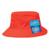 A vibrant orange kids bucket hat with a wide brim and a logo tag attached.