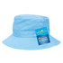 A light blue kids bucket hat featuring a wide brim and a logo on a tag.