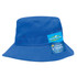 A blue kids bucket hat with a rounded brim and a tag featuring a logo.