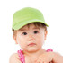 A child wears a bright green twill cap. The cap features a logo on the front.
