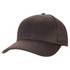 A brown cap made from oilskin material with stitching details and a curved brim, featuring a logo.