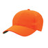 An orange cap with a curved brim and a green underside, featuring a logo on the front.