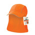 An orange protective cap with a wide brim and neck flap, featuring a logo and a tag.