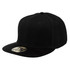 A black snapback cap with a flat brim and a logo on the front.