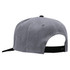 A grey snapback cap with a black adjustable strap and a logo on the back.