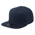 A navy blue snapback cap with a textured fabric and a round flat visor, featuring a logo on the front.