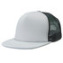 A flat peak trucker cap in grey with a mesh black backing and a logo present.