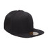 A black snapback cap with a flat brim and a logo on the front.