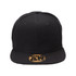 A black snapback cap with a flat brim and a logo on the front panel.