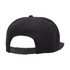 A black snapback cap with a flat brim and an adjustable strap at the back. It features a logo.