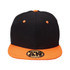A black snapback cap with an orange brim, featuring a logo on the front.