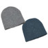 A grey and a blue Heather Cable Knit Beanie, featuring a ribbed texture and a logo on one beanie.