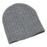 A grey cable knit beanie is displayed, featuring a simple ribbed texture and a folded cuff. It has a logo.