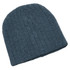 A blue cable knit beanie with a textured finish, featuring a folded hem and a branding logo.