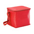 A red cooler bag with a zippered top and a handle. It has a logo on one side.