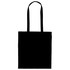 A black tote bag with long handles and a simple design, featuring a logo on the front.