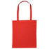 A red tote bag with long handles and a plain design, featuring a logo on one side.