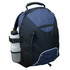 A black and navy backpack featuring a side pocket with a drink bottle and a textured handle. It has a logo on it.