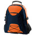 A navy blue and orange backpack with a logo, featuring mesh pockets and a bungee cord design.
