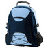 A blue and navy backpack featuring a front pocket, mesh side pockets, and a logo on the upper section.