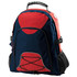 A red and navy backpack featuring a handle, front pocket, and mesh side pockets. It has a branded logo.