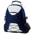 A navy blue and white backpack with a front pocket, mesh side pockets, and a logo. Features a textured handle on top.