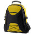 A black and yellow Kuza backpack featuring a handle, side mesh pockets, and a front bungee cord design.