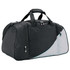 A black duffle bag with grey accents, featuring multiple zippered compartments and a sturdy handle. It has a logo.