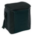 A black cooler bag with a zippered top and a side pocket, designed to hold up to six cans.