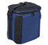 A dark blue cooler bag with a zippered top and adjustable strap, featuring a side pocket and branding.