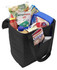 A black non-woven cooler bag filled with various food items, including vegetables, sauces, and packaged goods.