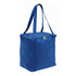 A blue non-woven cooler bag with a zippered top and two sturdy handles. It features a front pocket and branding.